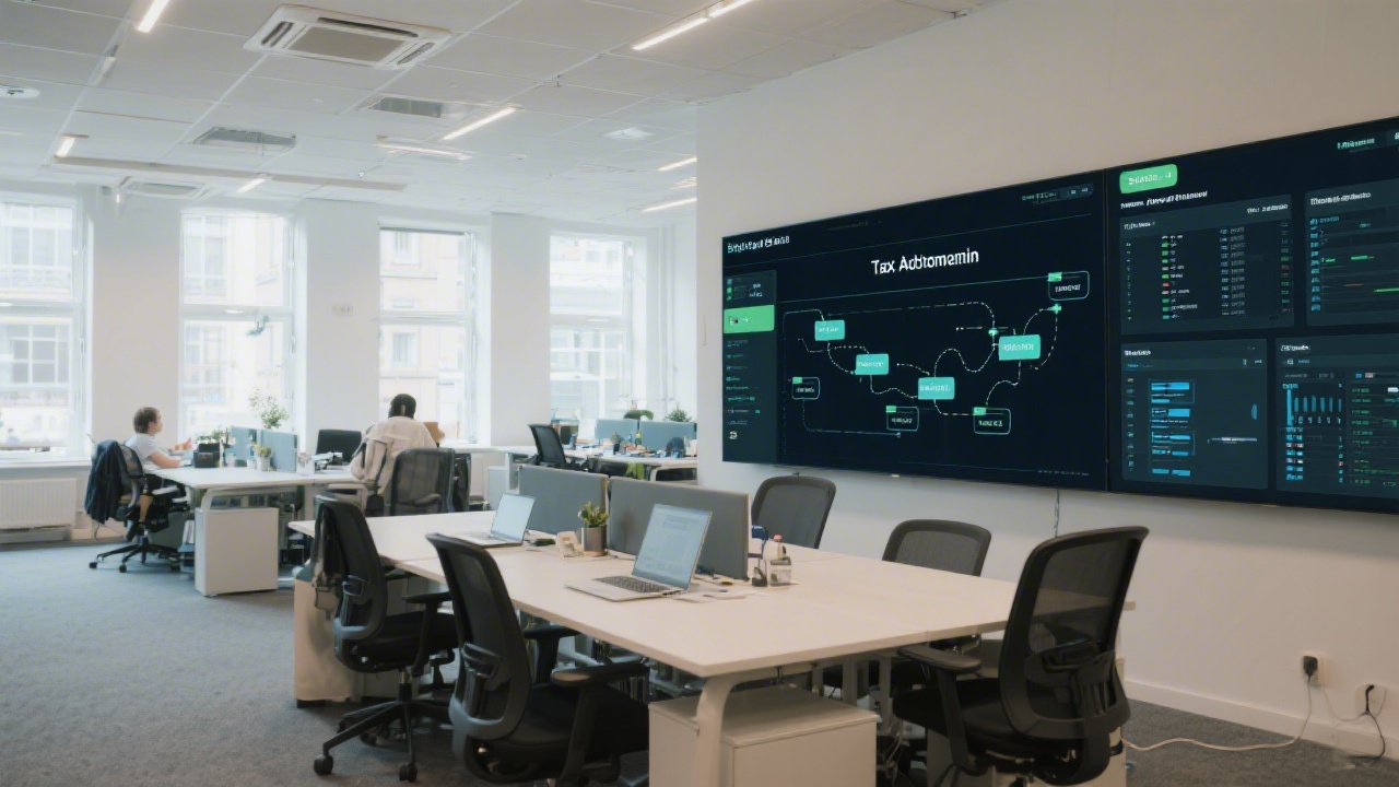 Bright Berlin office space with collaborative work areas, large monitors showing tax automation roadmaps, and secure server connections on display