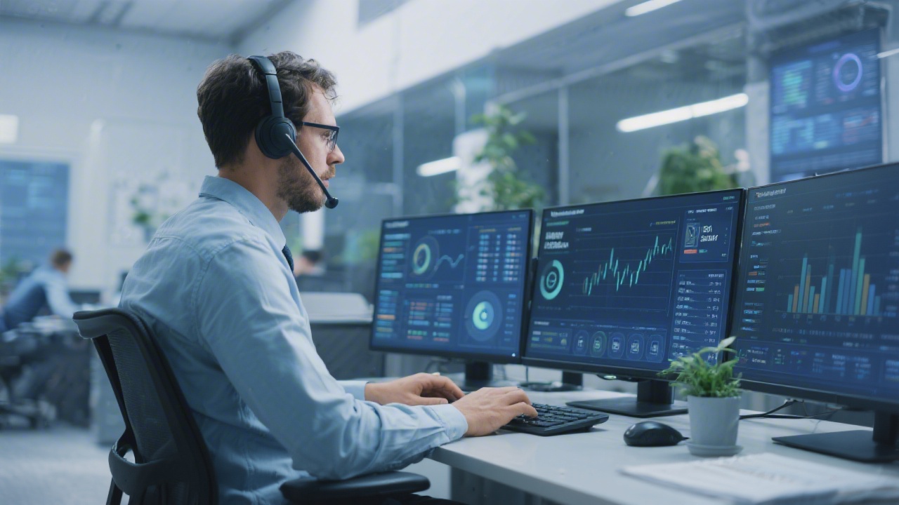 Support specialist using secure communication channels while monitoring service level dashboards in a professional office