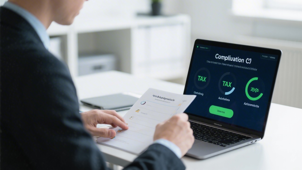 Business professional reviewing compliance checklist alongside a laptop that displays tax automation status indicators within a structured workspace