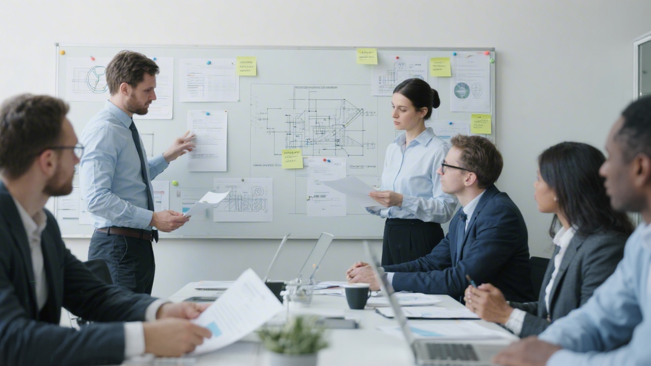 Strategic workshop scene with compliance documentation, project plans pinned on wall, and tax automation blueprints reviewed by professionals