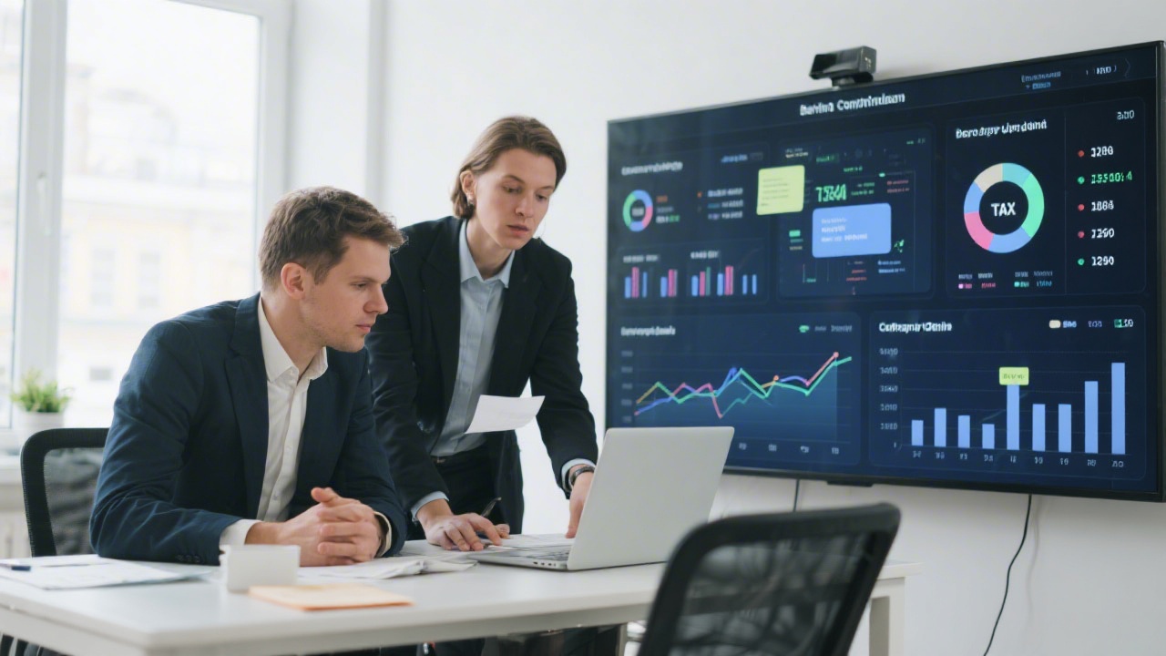 Modern tax specialists collaborating in a bright Berlin office reviewing digital dashboards with compliance notes and financial charts on large displays