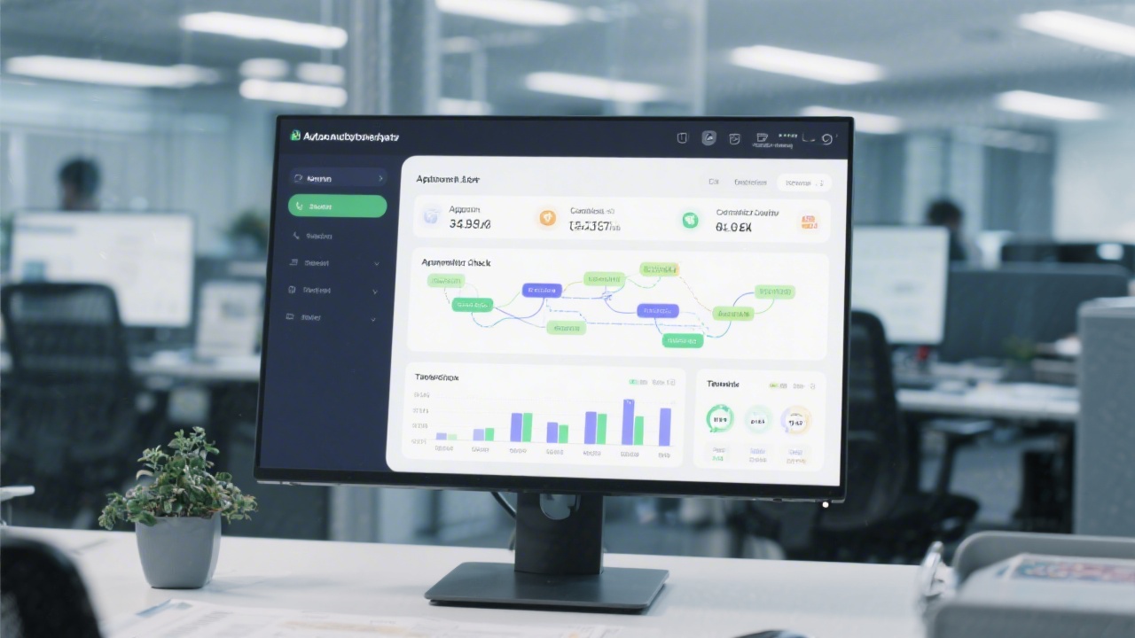 Automated workflow dashboard on a large monitor showing approval chains, compliance checks, and tax recovery milestones in an office setting