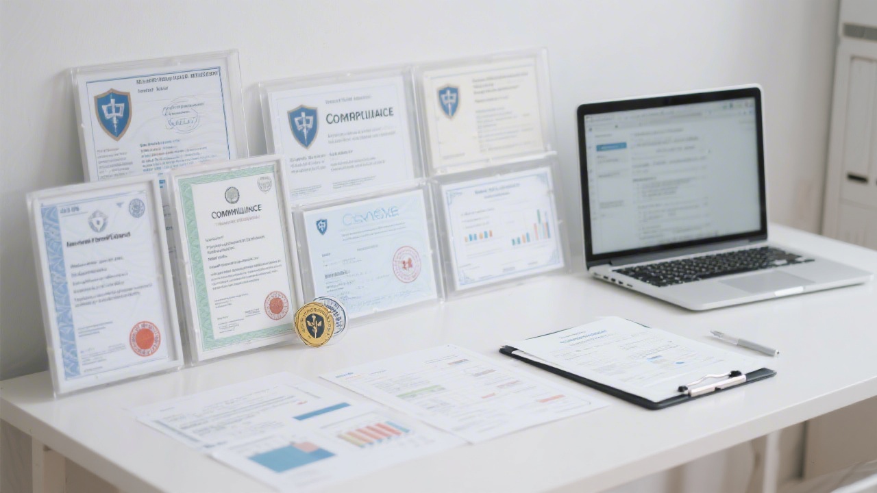 Collection of compliance certificates and security seals displayed on a clean white desk beside financial documentation and a laptop screen